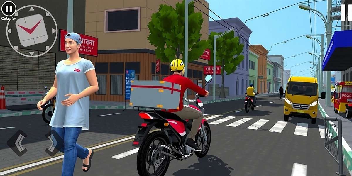 Delivery Express gameplay screenshot showing a player navigating through a busy Indian market street on a motorcycle, avoiding pedestrians and other vehicles