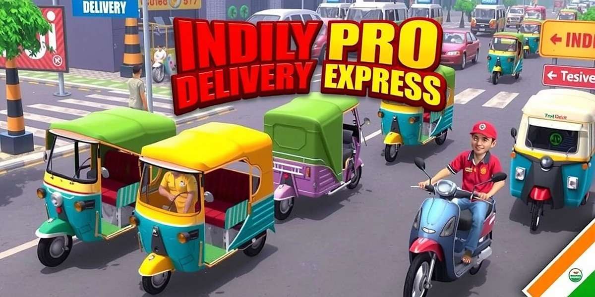 Delivery Express game cover featuring various Indian delivery vehicles in a busy street scene with auto-rickshaws, motorcycles and delivery boys