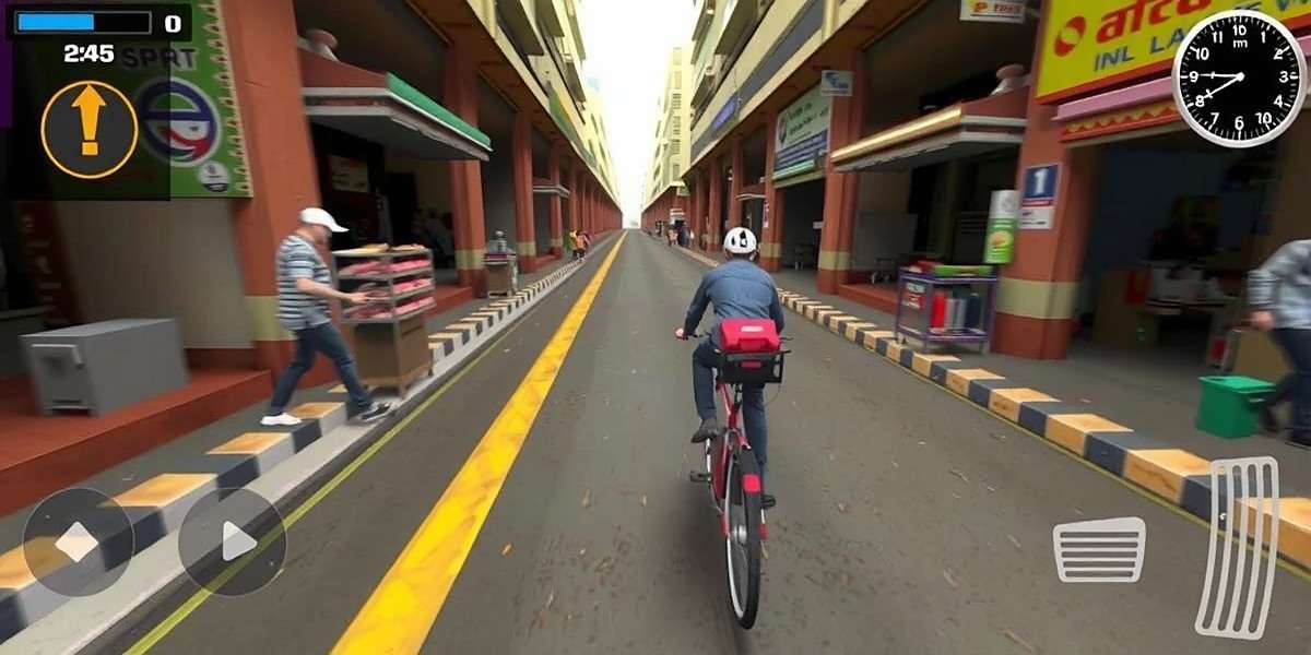 Delivery Express player using a bicycle to navigate through a narrow lane in an Indian market, avoiding pedestrians and street vendors